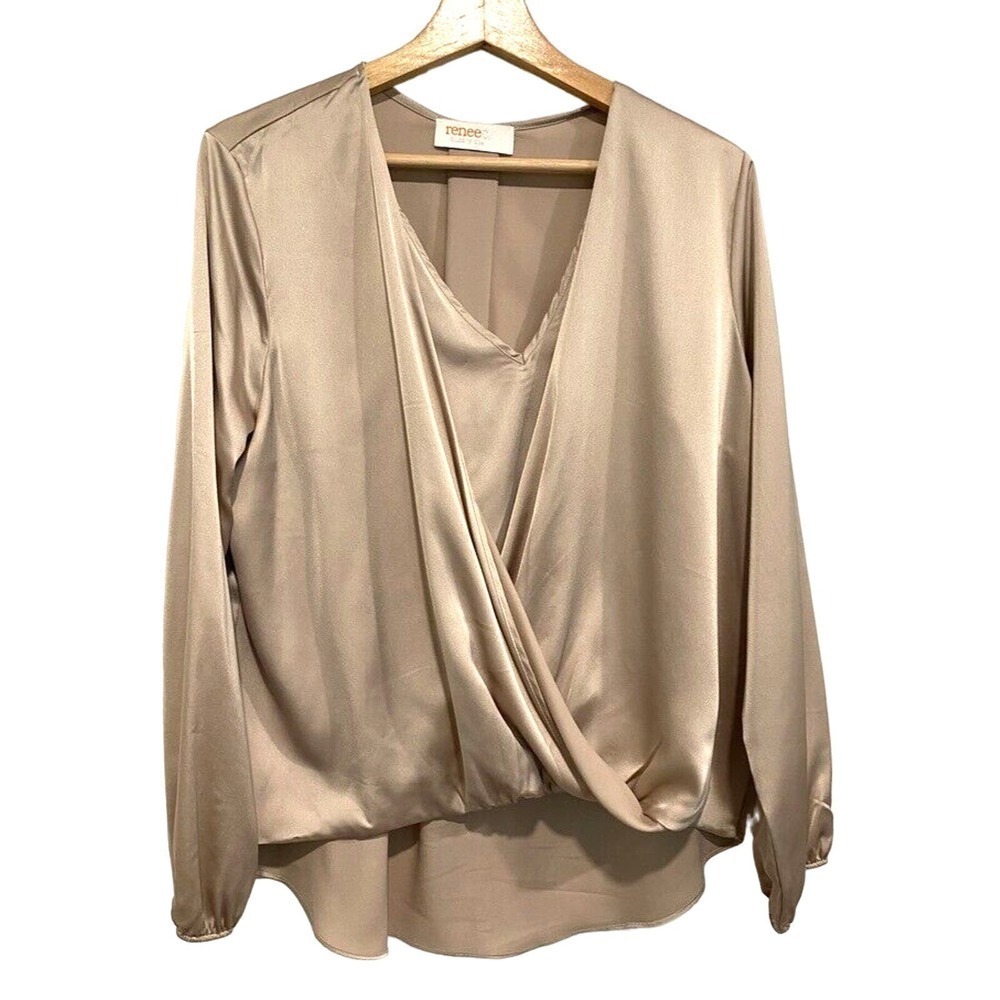 Renee C - Made in USA beige faux wrap satin blouse women's size large